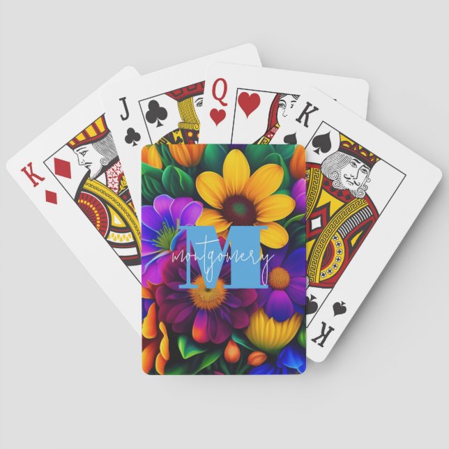 Bright Floral Bouquet Monogrammed Poker Cards (Back)