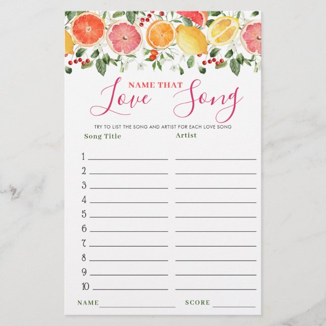 Bright Floral Citrus Slice Bridal Shower Game (Front)