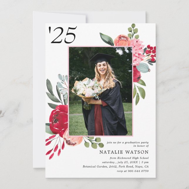 Bright Floral Class of 2025 Photo Graduation  Invitation (Front)