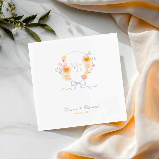 Bright Floral Crest Monogram Spring Wedding Napkins (Creator Uploaded)