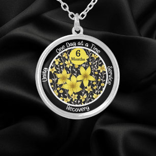 Bright Floral Custom Sobriety Milestone Gift Silver Plated Necklace