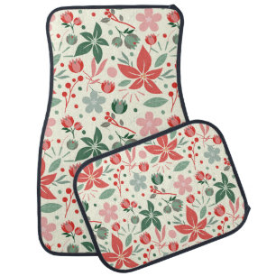 Bright Floral Design with Green Leaves and Dot Car Floor Mat
