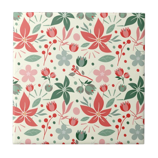 Bright Floral Design with Green Leaves and Dot Ceramic Tile (Front)
