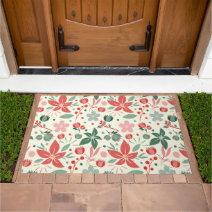 Bright Floral Design with Green Leaves and Dot Doormat