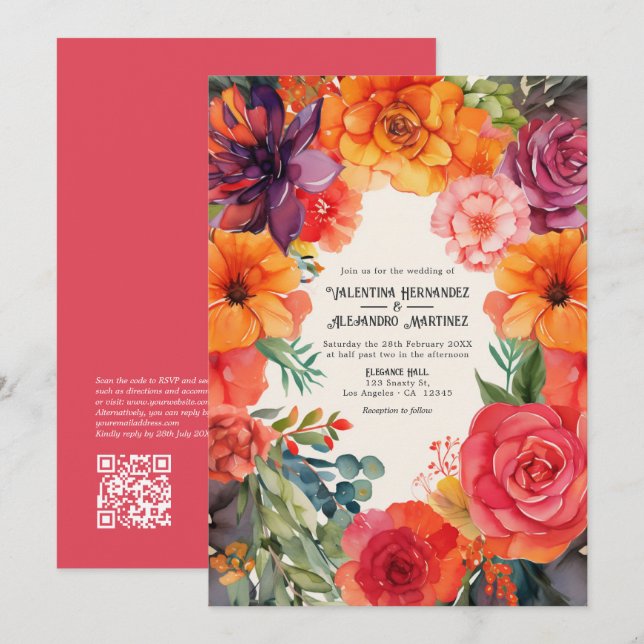 Bright Floral Fiesta Wedding with Details QR Code Invitation (Front/Back)