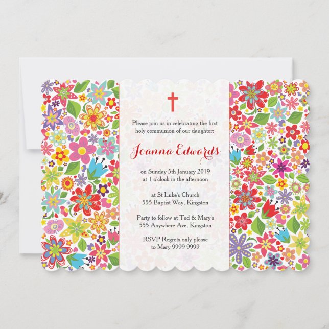 Bright Floral First Communion Personalized Invites (Front)
