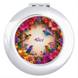 Bright Floral Frame with Colorful Birds in Nature Compact Mirror