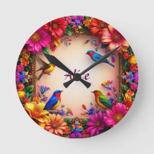 Bright Floral Frame with Colorful Birds in Nature Round Clock