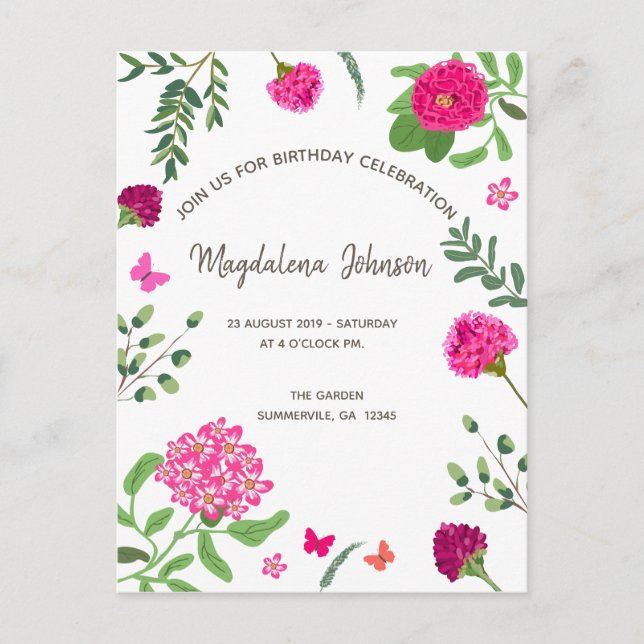 Bright floral garden Birthday invitation Postcard (Front)