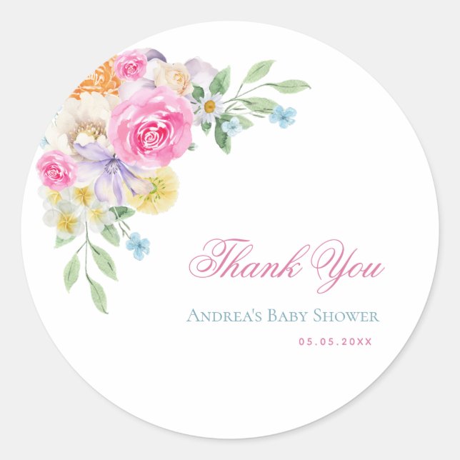 Bright Floral Garden Party Baby Shower Thank You Classic Round Sticker (Front)