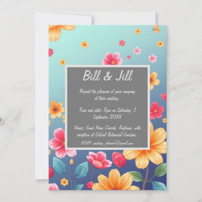  Bright Floral Garden With Blue Background Wedding Invitation (Front)