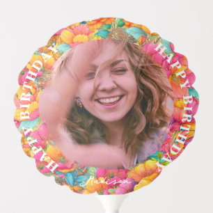 Bright Floral Gold Disco Ball Happy Birthday Photo Balloon
