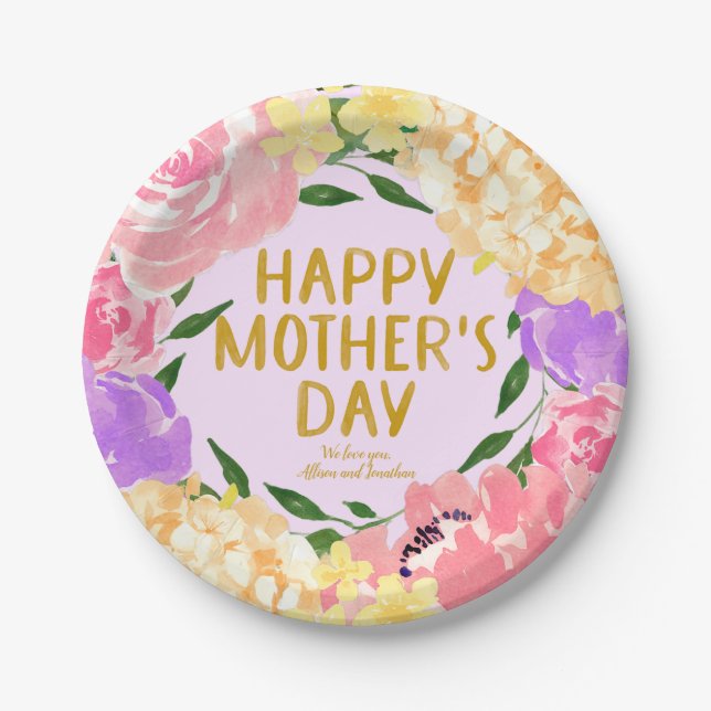 Bright Floral Happy Mothers Day  Paper Plates (Front)