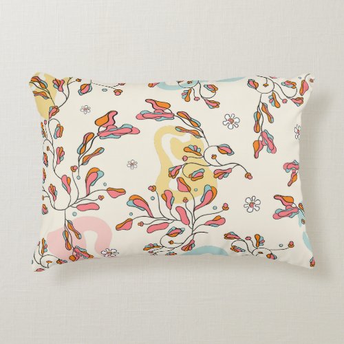 Bright floral hidden cat pattern hand drawn accent pillow