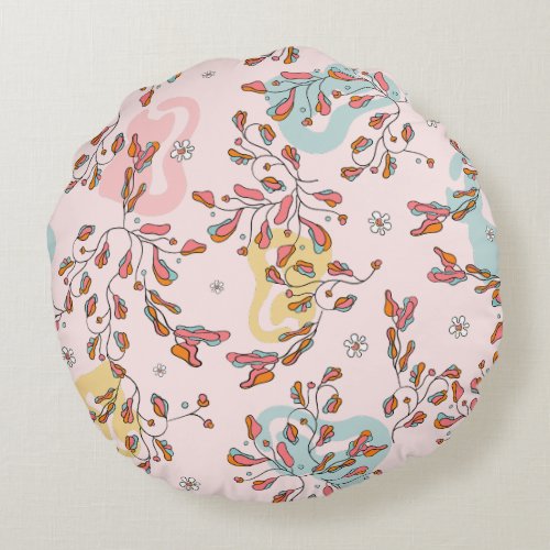 Bright floral hidden cat pattern hand drawn thro round pillow