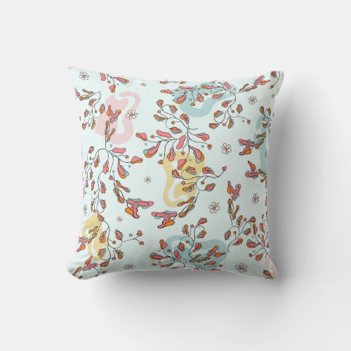 Bright floral hidden cat pattern hand drawn throw pillow