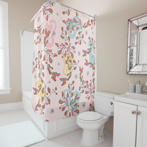 Bright floral hidden cat pattern pink base shower curtain