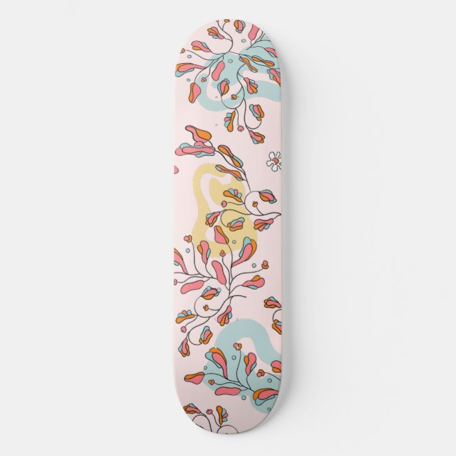 Bright, floral hidden cat pattern, pink base skateboard (Front)