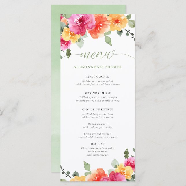 Bright floral hot pink orange baby shower menu (Front/Back)