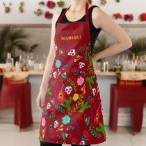 Bright floral Mexican 5 de mayo red monogram Apron