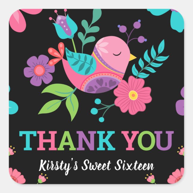 Bright Floral Mexican Fiesta Sweet Sixteen Square Sticker (Front)