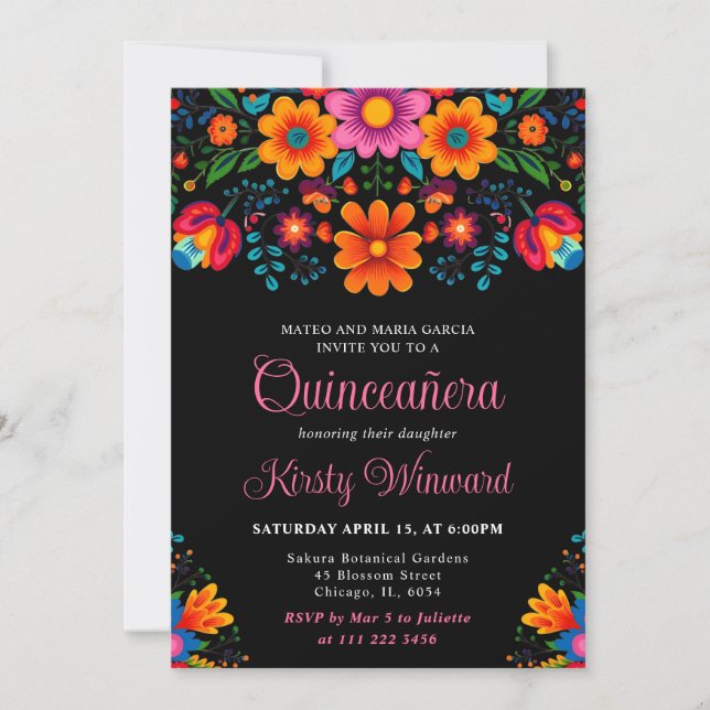 Bright Floral Mexican Folk Art Quinceañera Invitation (Front)
