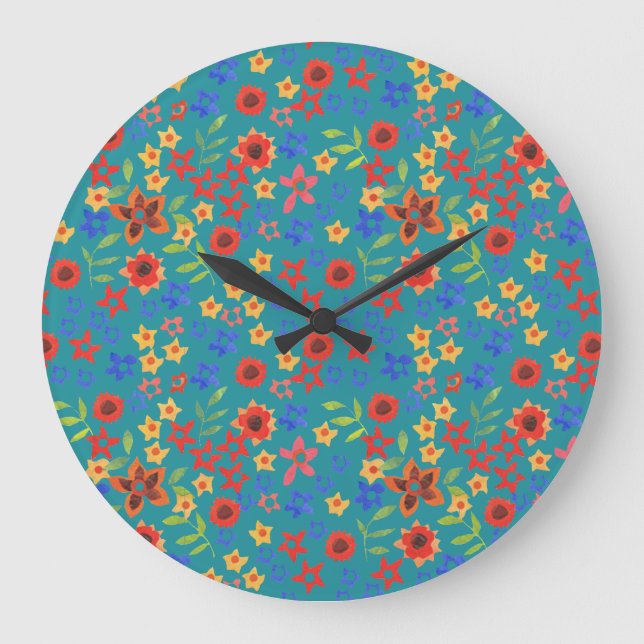 Bright Floral Miniprint on Teal Round Wall Clock (Front)