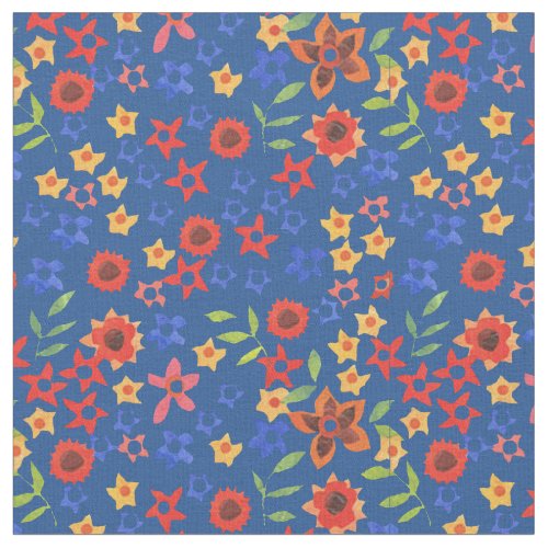 Bright Floral Miniprint Pattern on Blue Fabric