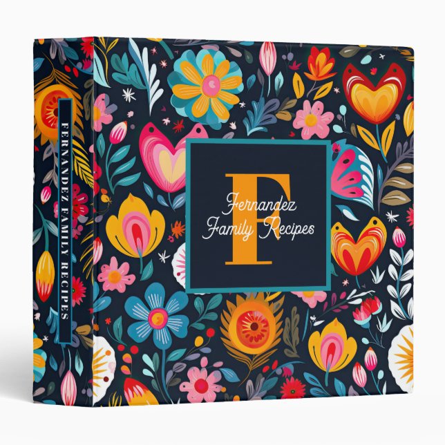 Bright Floral Monogram Family Recipes 3 Ring Binder (Front/Spine)