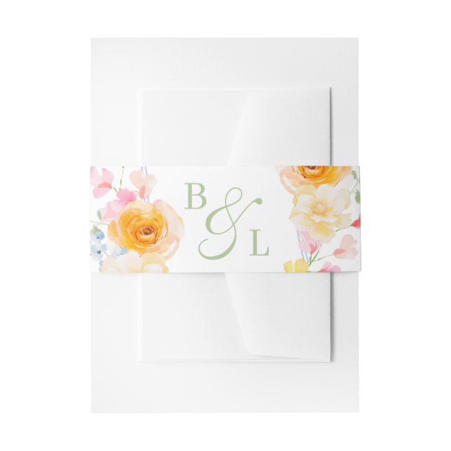Bright Floral Monogram Spring Wedding Invitation Belly Band (Front Example)
