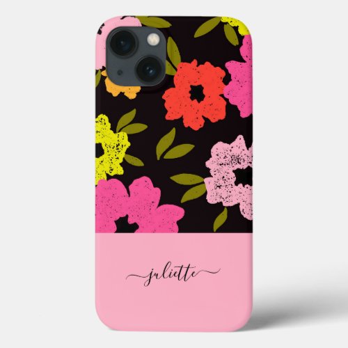 Bright Floral on Black Monogram Custom Name iPhone 13 Case