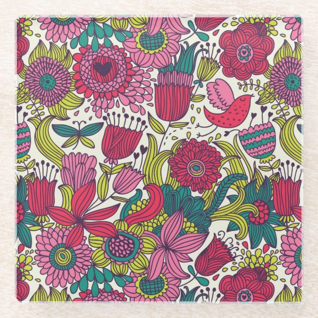 Bright floral pattern glass coaster (Front)