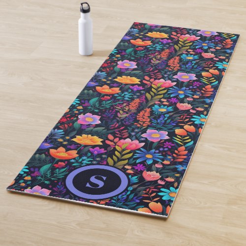 Bright Floral Pattern Monogram Yoga Mat