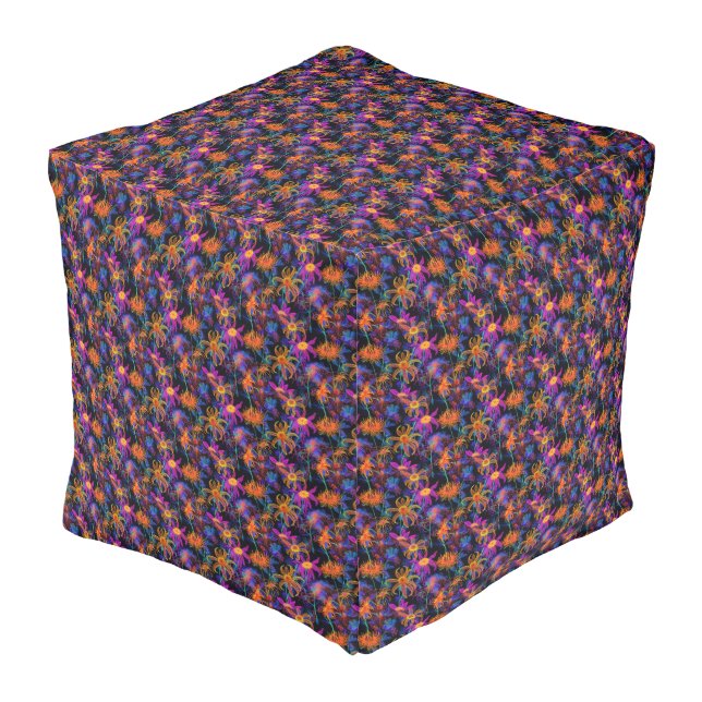 Bright Floral Pattern on a Dark Background Pouf (Angled Front)