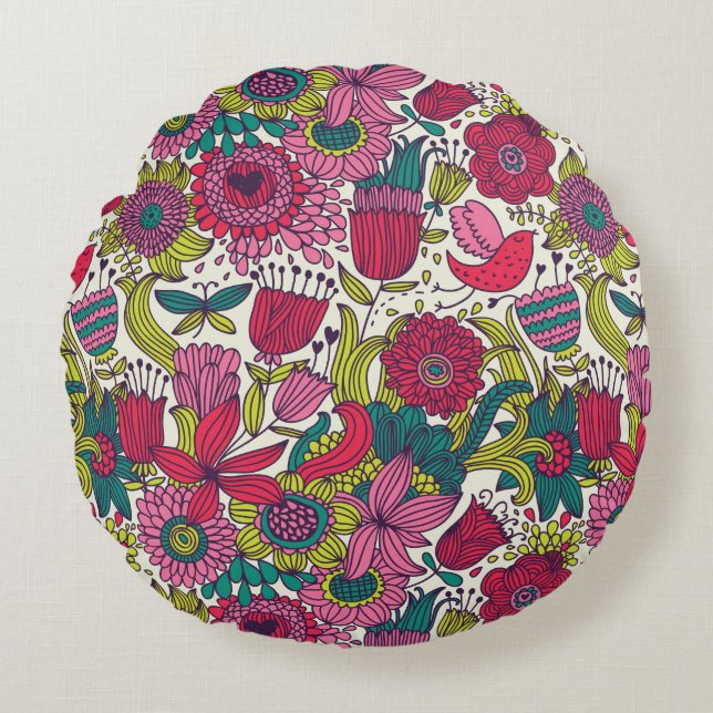 Bright floral pattern round pillow (Front)
