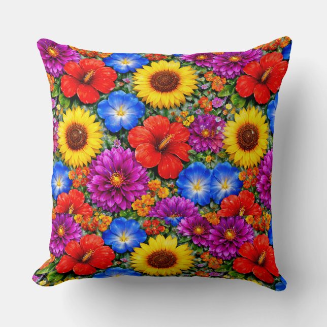 Bright Floral Pattern Sunflower, Poppy & Daisies Throw Pillow (Front)