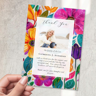 Bright Floral Photo Sympathy Funeral Memorial Thank You Card