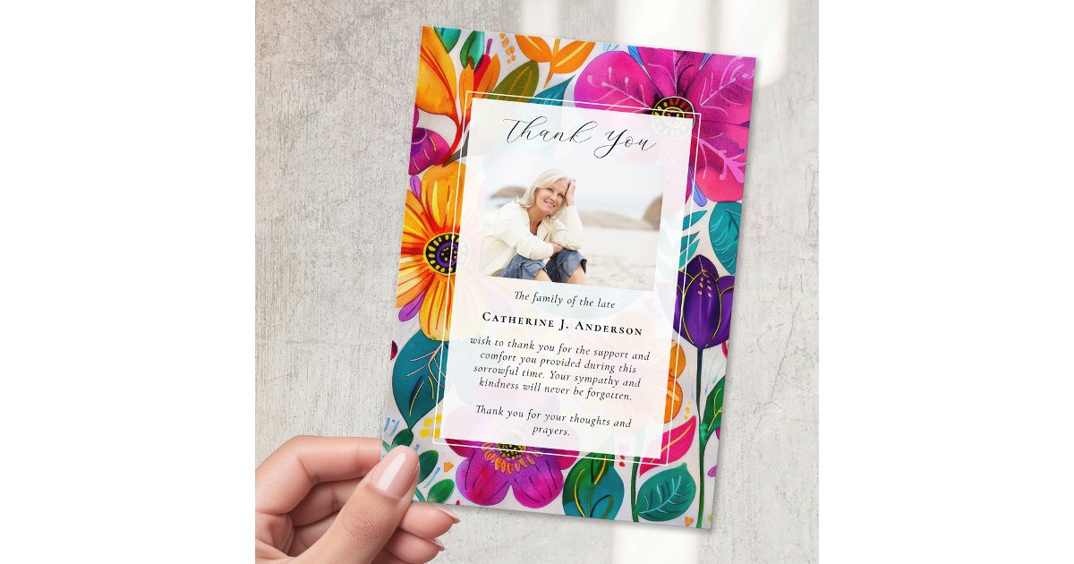 Bright Floral Photo Sympathy Funeral Memorial Thank You Card | Zazzle