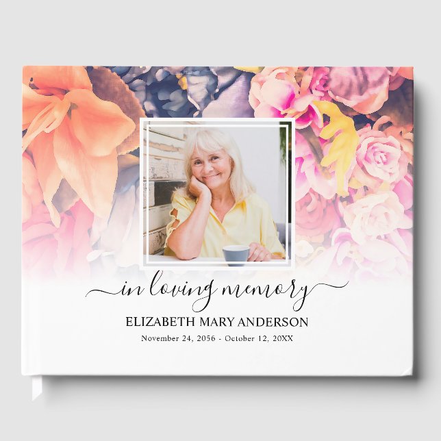 Bright Floral Photo Sympathy Funeral Watercolor Guest Book (Front)