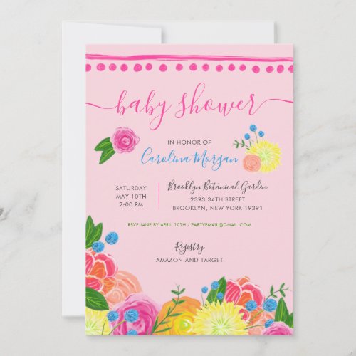 Bright Floral Pom Pom Baby Shower Invitation