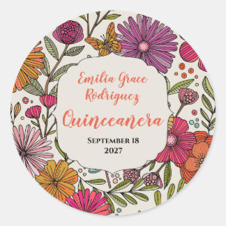 Bright Floral Quinceañera | Colorful Whimsical Classic Round Sticker