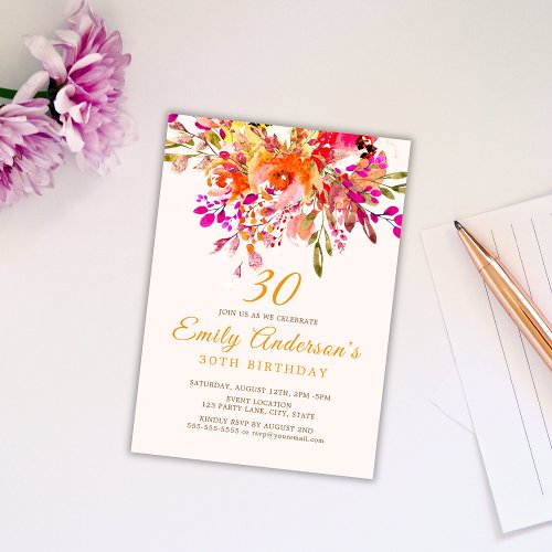 Bright Floral Romantic 30th Birthday Party Invitation