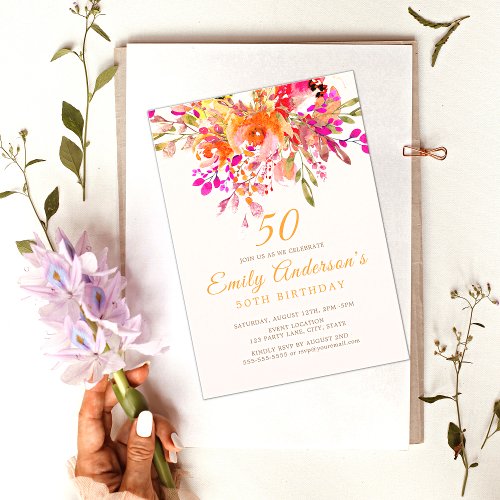 Bright Floral Romantic 50th Birthday Party Invitation