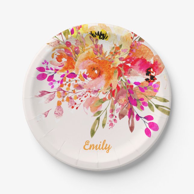 Bright Floral Romantic Custom Name Paper Plates (Front)