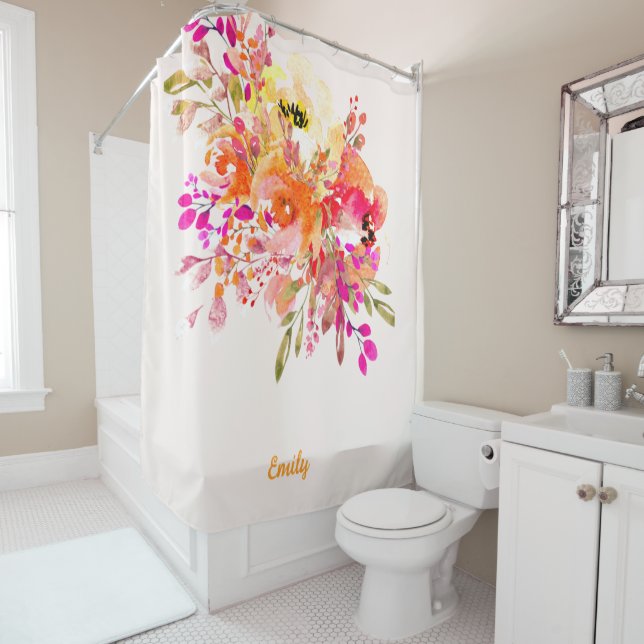 Bright Floral Romantic Custom Name Shower Curtain (In Situ)