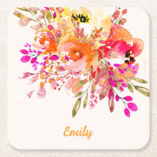 Bright Floral Romantic Custom Name Square Paper Coaster