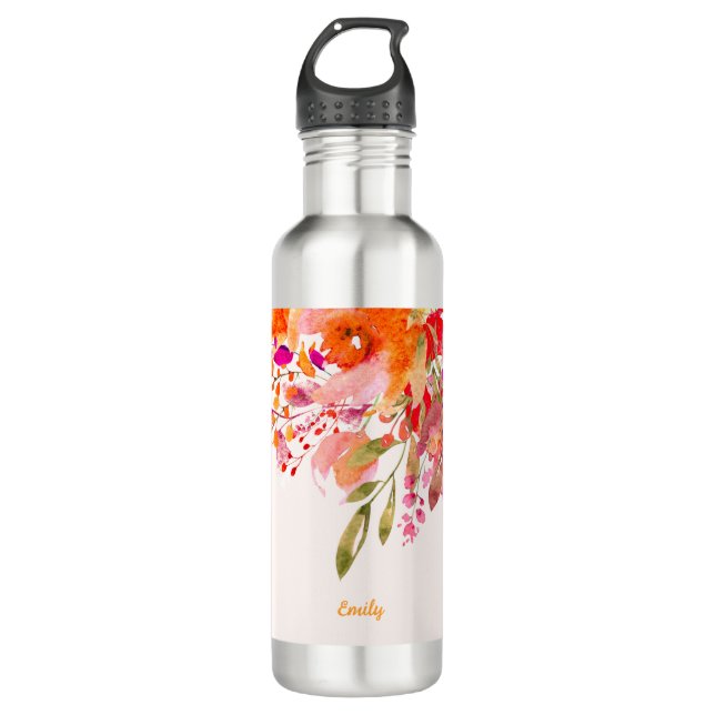 Bright Floral Romantic Custom Name Stainless Steel Water Bottle (Front)