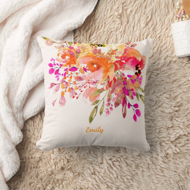 Bright Floral Romantic Custom Name Throw Pillow (Blanket)