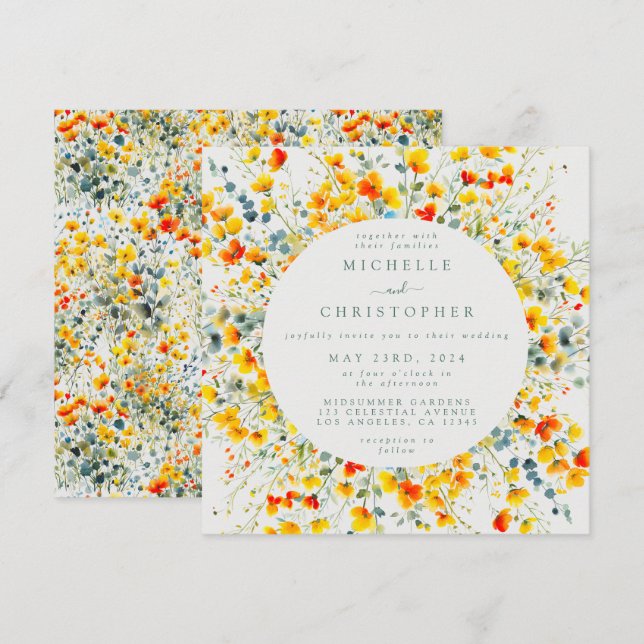 Bright Floral Square Wedding Invitation (Front/Back)