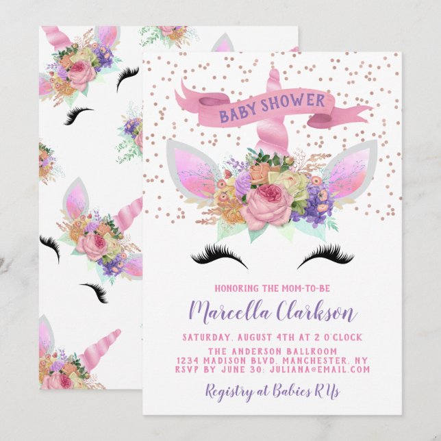 Bright Floral Unicorn Baby Shower Invitation (Front/Back)